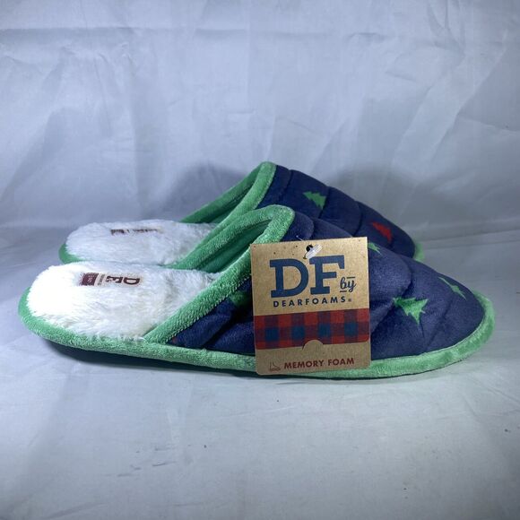 Dearfoam Navy W Christmas Trees Slippers X-LARGE Women's 11-12 / Men’s 9-10 - Picture 1 of 6
